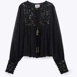 Zara Tasseled Sequined Black Sheer Embellished Babydoll Blouse